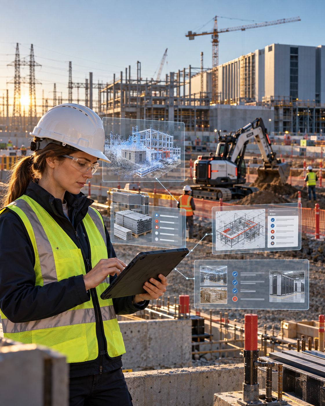 Site engineer reviewing connected construction records beside an autonomous excavator, with reality capture and project data overlays