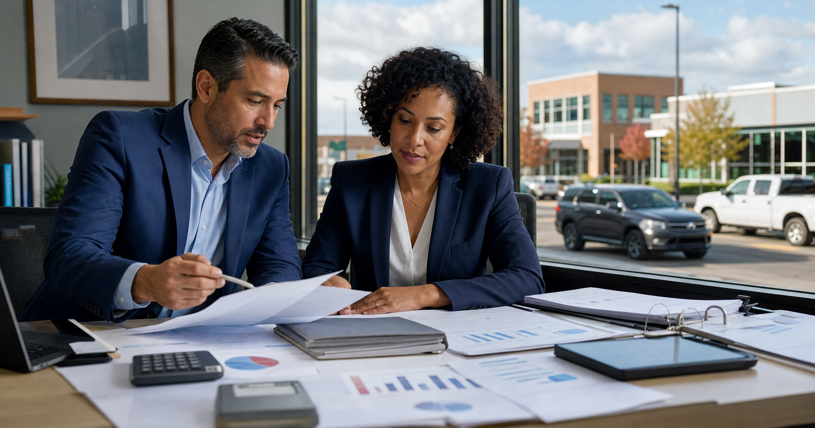Insurance professionals reviewing AI-enabled claims, underwriting, property and auto risk analytics