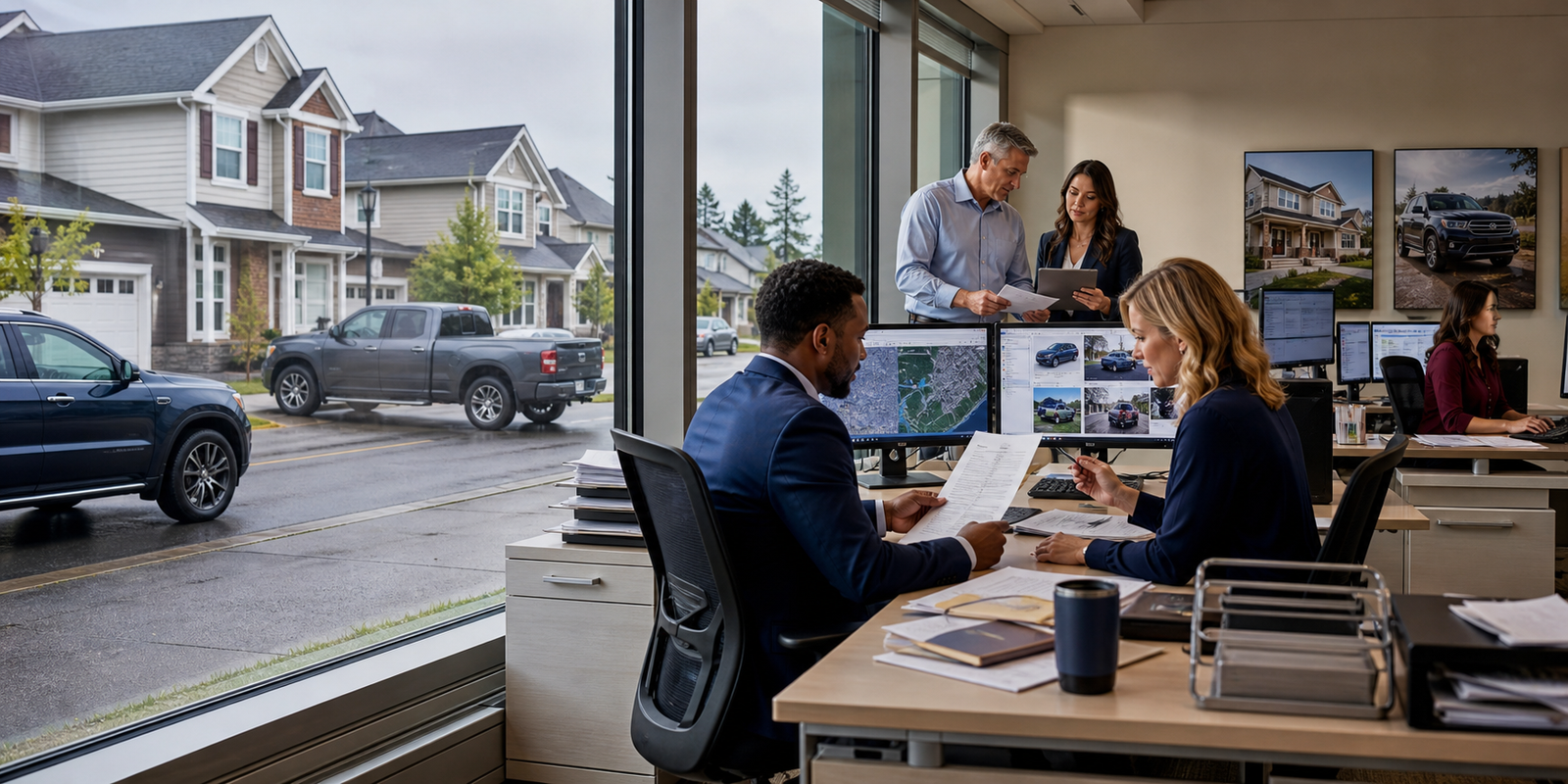 Insurance professionals reviewing AI-enabled claims, underwriting, property and auto risk analytics