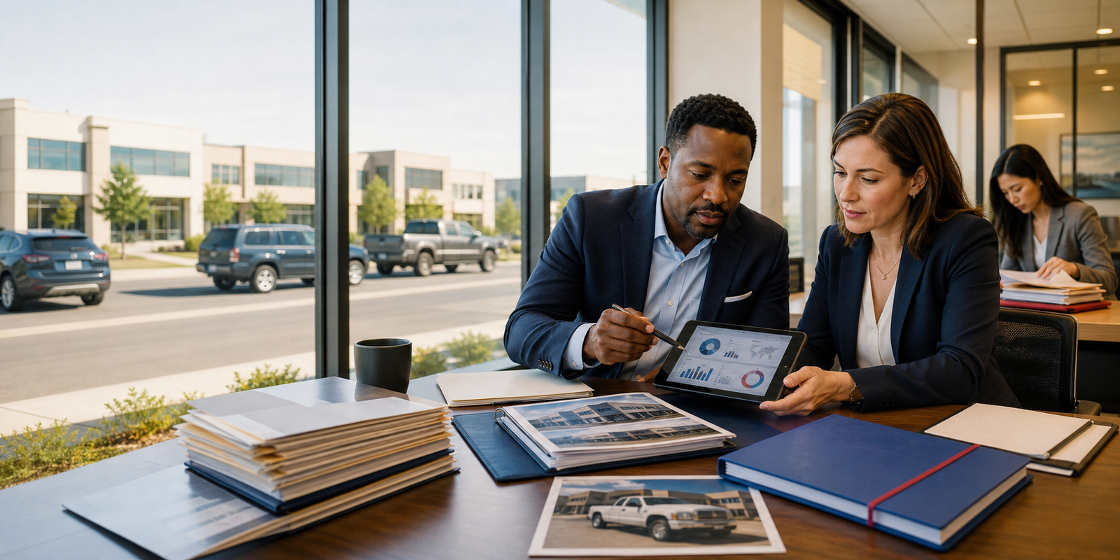 Insurance professionals reviewing AI-assisted claims evidence, underwriting risk, vehicles, and North American property exposures