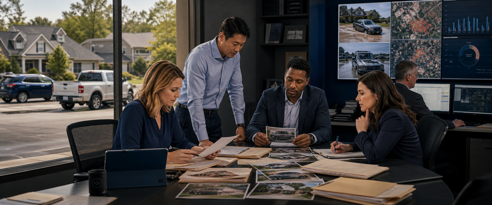 Insurance professionals reviewing AI-assisted claims evidence, underwriting risk, vehicles, and North American property exposures