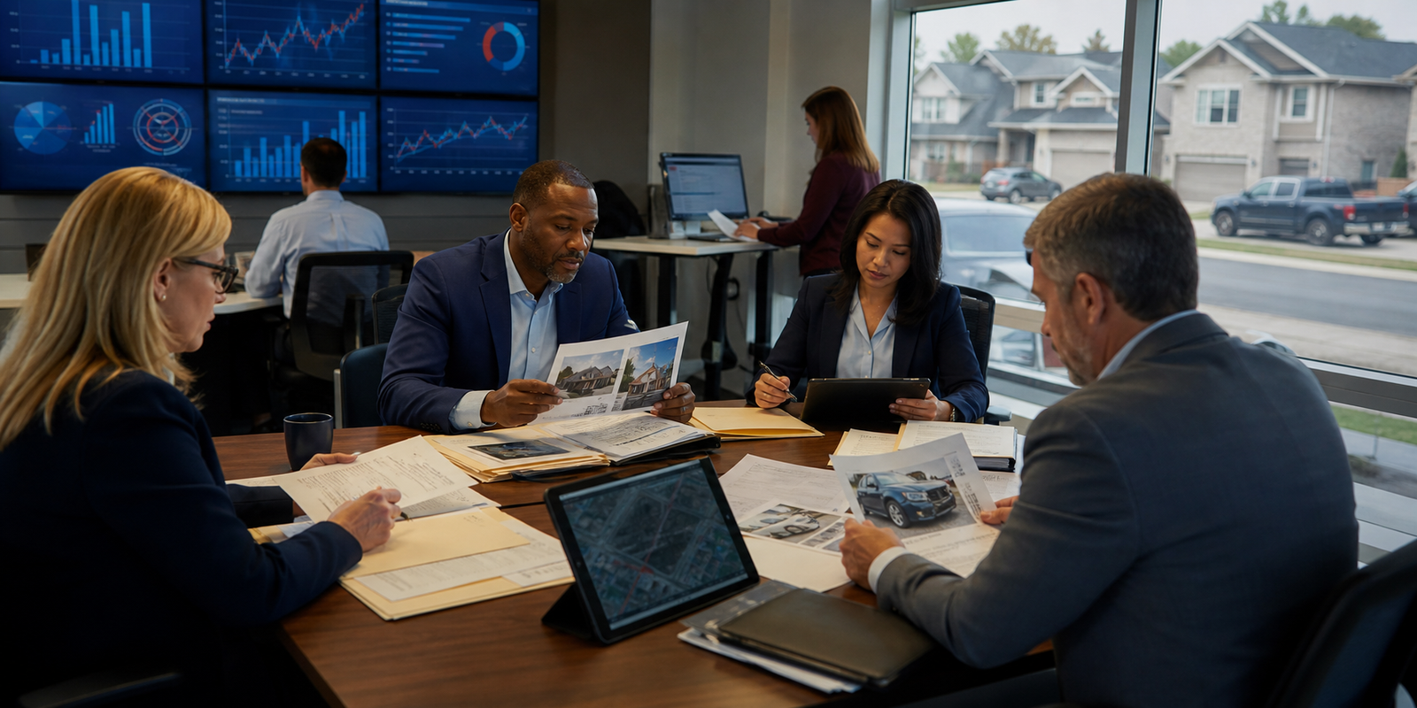 Insurance professionals reviewing AI-assisted claims evidence, underwriting risk, vehicles, and North American property exposures