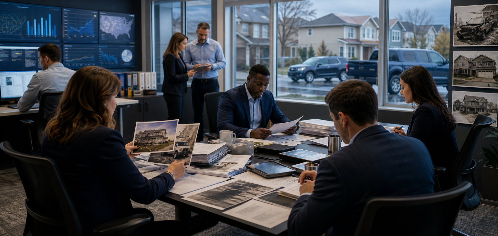 Insurance professionals reviewing AI-assisted claims evidence, underwriting risk, vehicles, and North American property exposures
