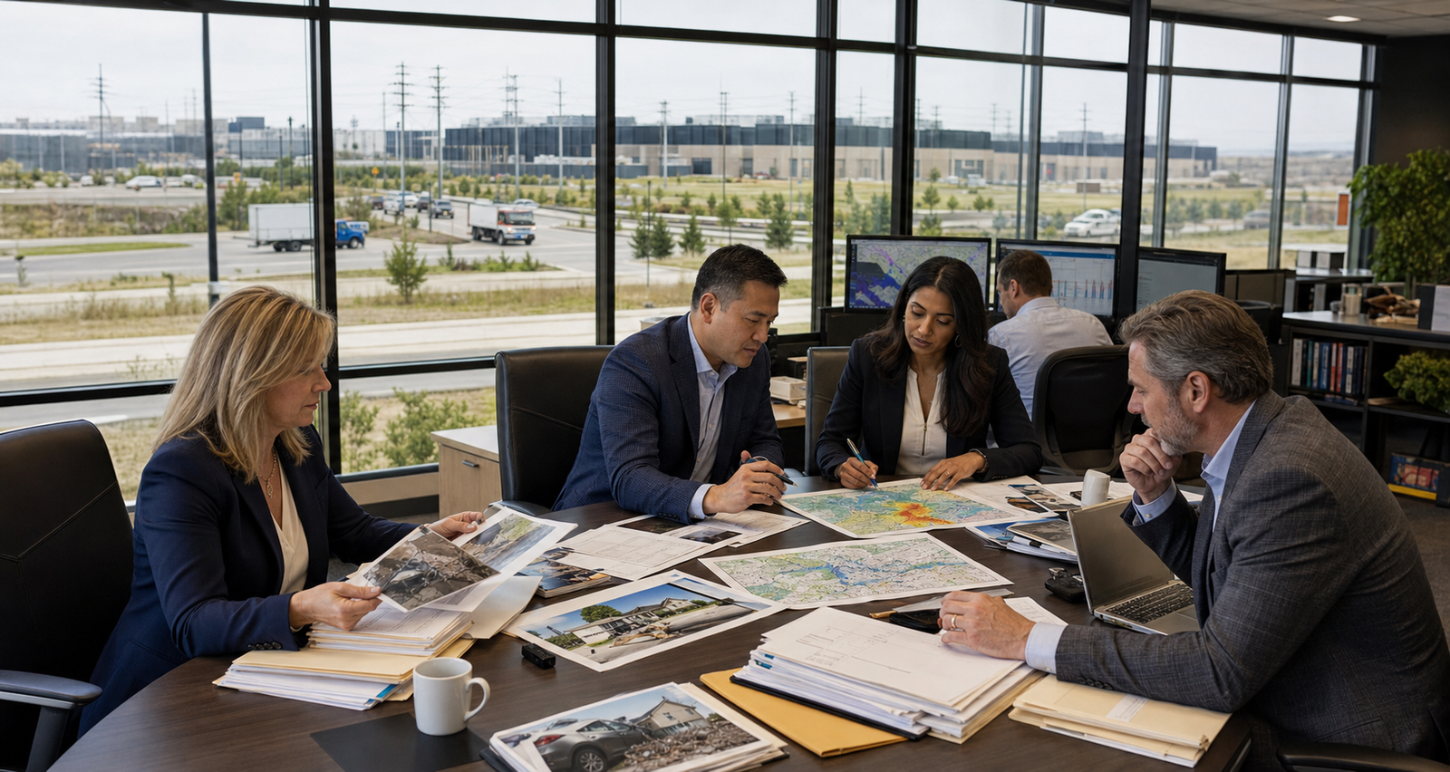 Insurance professionals reviewing AI-assisted claims evidence, underwriting risk, vehicles, property exposures, and data-center infrastructure