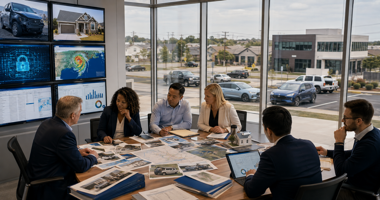 Insurance professionals reviewing AI-assisted auto and property claims, underwriting evidence, catastrophe and cyber risk, and portfolio analytics