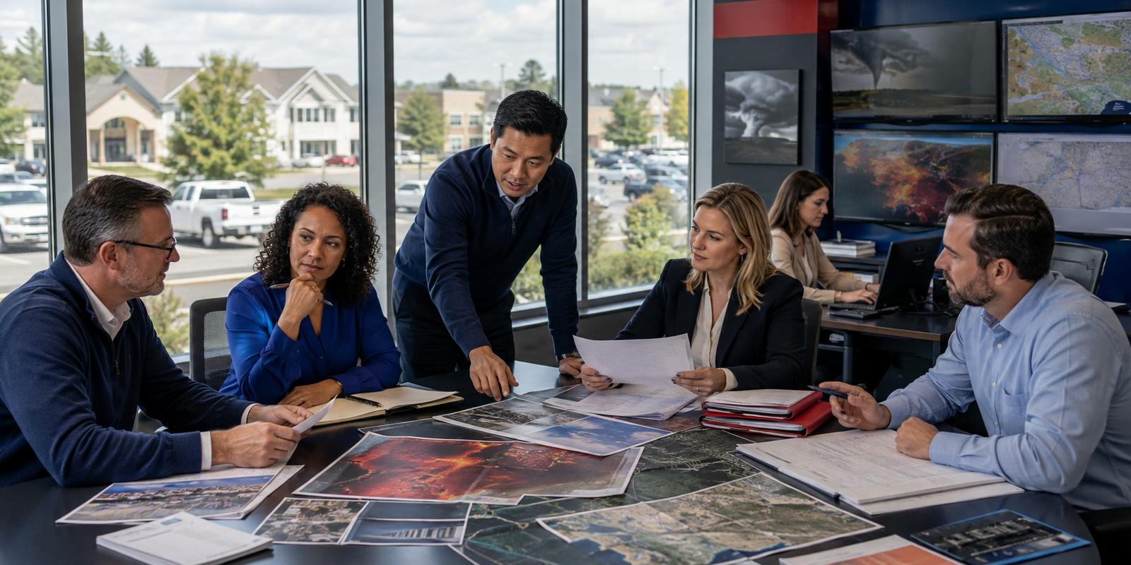Insurance professionals reviewing AI-assisted underwriting, claims, distribution, property, auto, fraud, and portfolio risk analytics