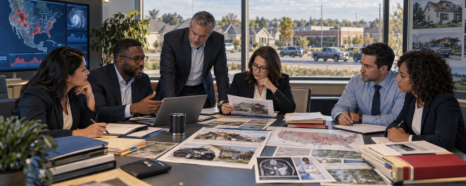 Insurance professionals reviewing AI-assisted underwriting, claims, distribution, servicing, property, auto, clinical, fraud, and portfolio risk analytics