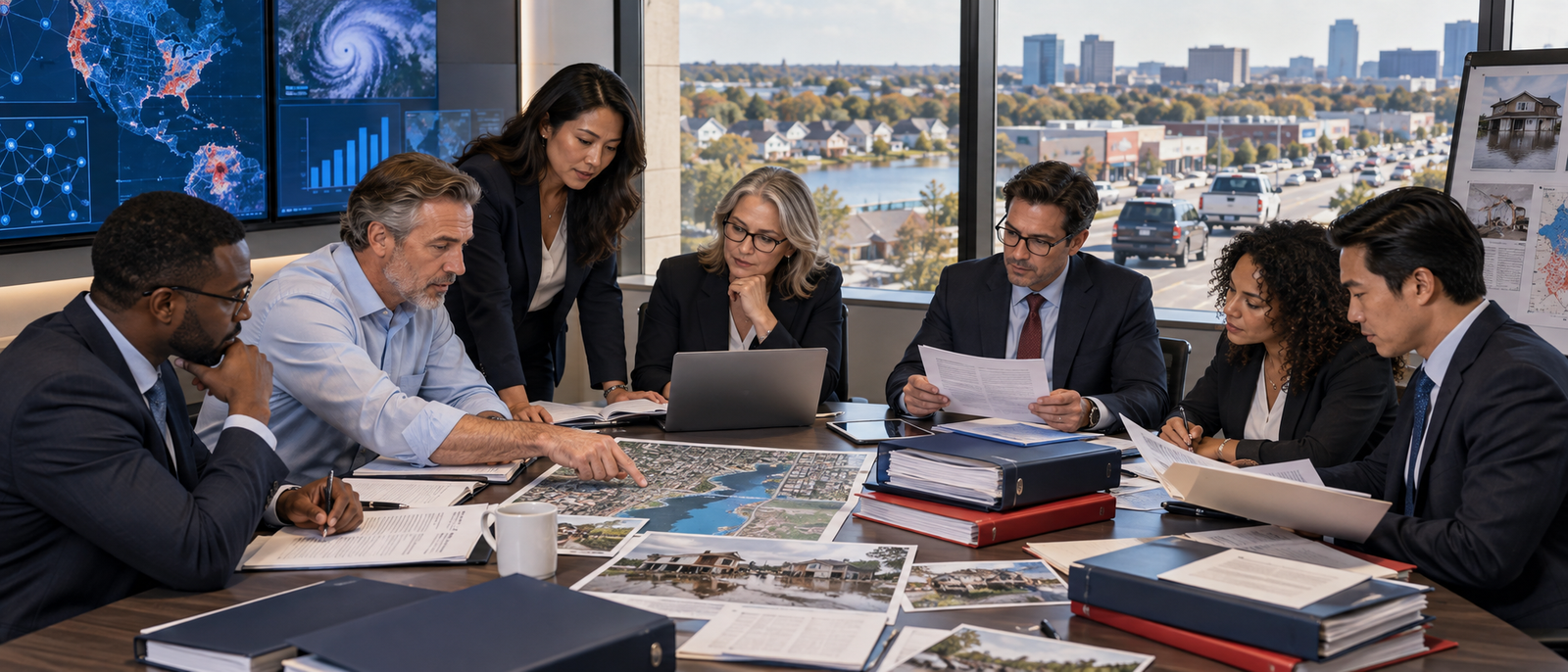 Insurance professionals reviewing AI models, claims validation, policy wording, distribution, reinsurance, property, auto, and portfolio risk analytics