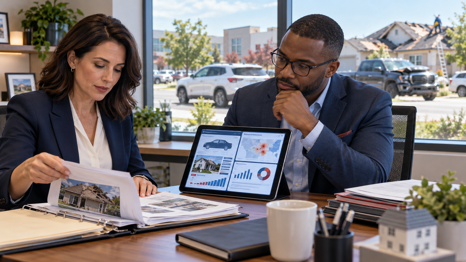 Insurance professionals reviewing AI models, claims validation, policy wording, distribution, reinsurance, property, auto, and portfolio risk analytics