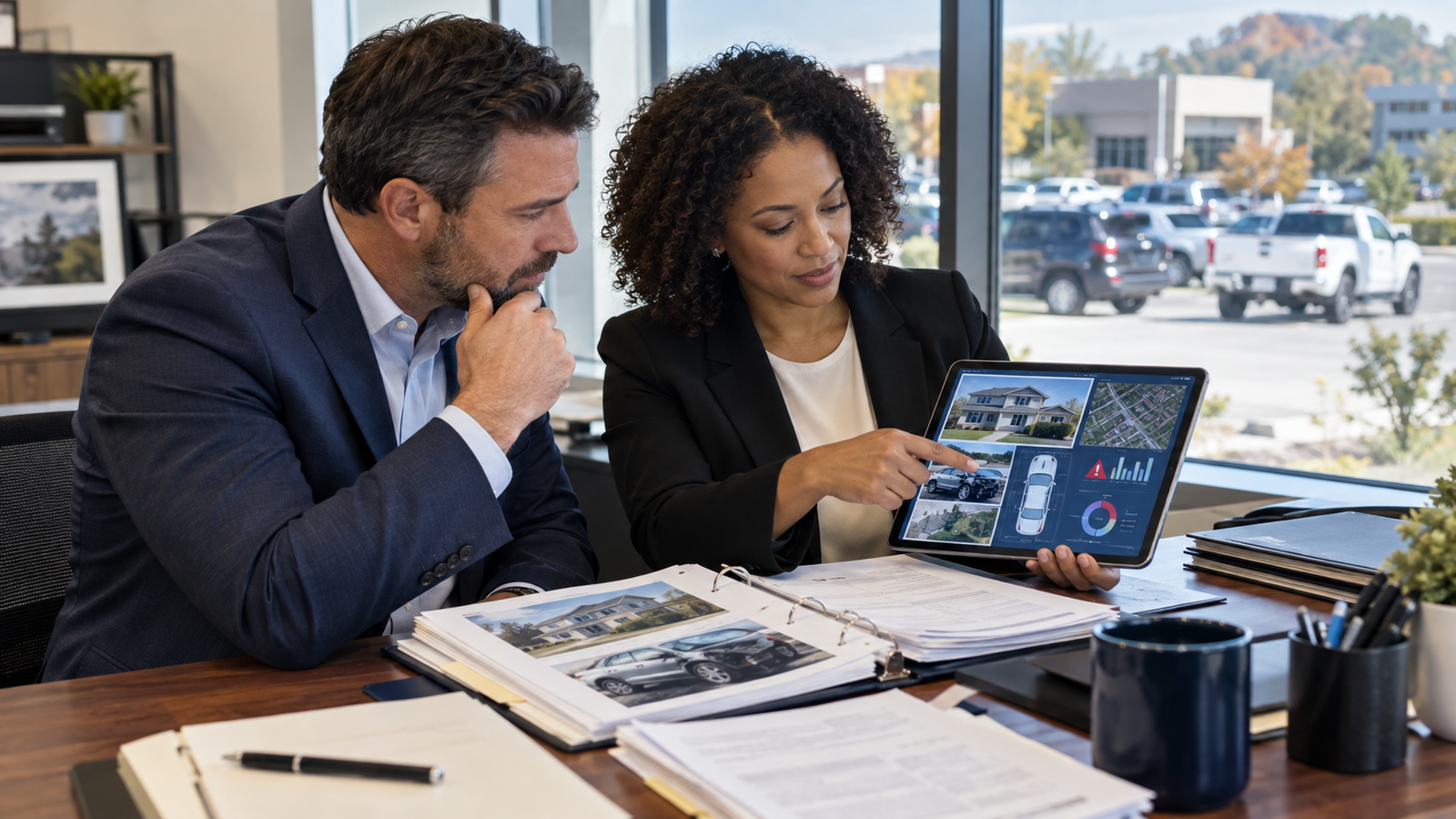 Insurance professionals reviewing agentic underwriting, claims automation, property, auto, fraud, and risk analytics