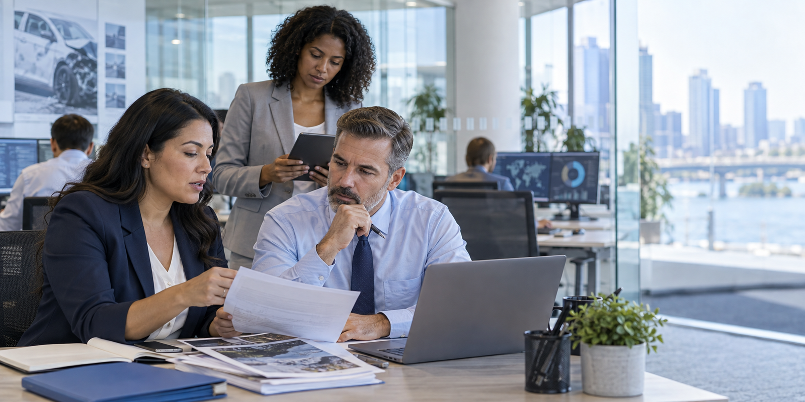 Insurance professionals reviewing connected underwriting, claims automation, property, auto, fraud, and renewal risk analytics