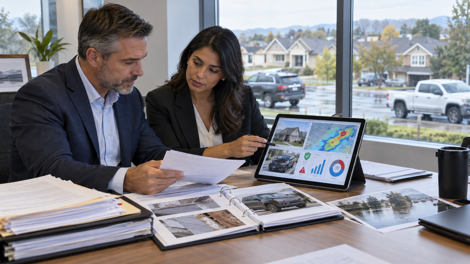 Insurance professionals reviewing prevention, claims evidence, underwriting, property, auto, fraud, and portfolio risk analytics