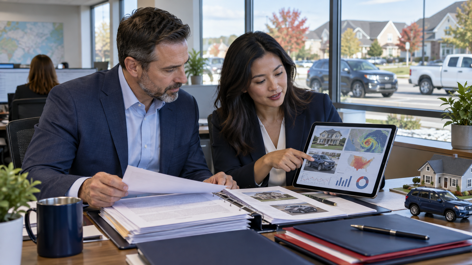 Insurance professionals reviewing AI prevention, claims evidence, underwriting, property, auto, catastrophe, and portfolio risk analytics