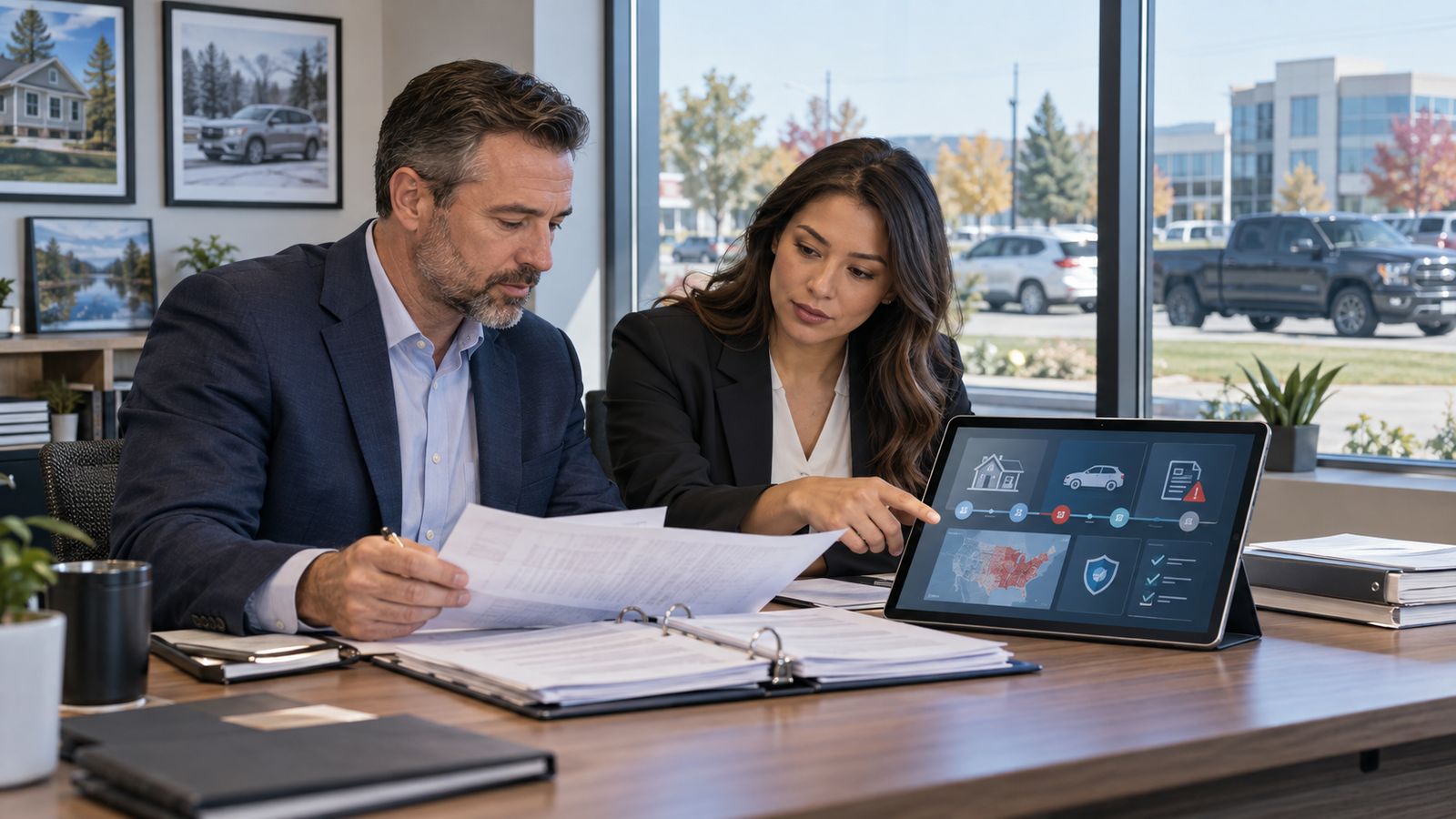 Insurance professionals reviewing controlled AI operating layers, policy administration, underwriting, claims, fraud, and portfolio risk analytics