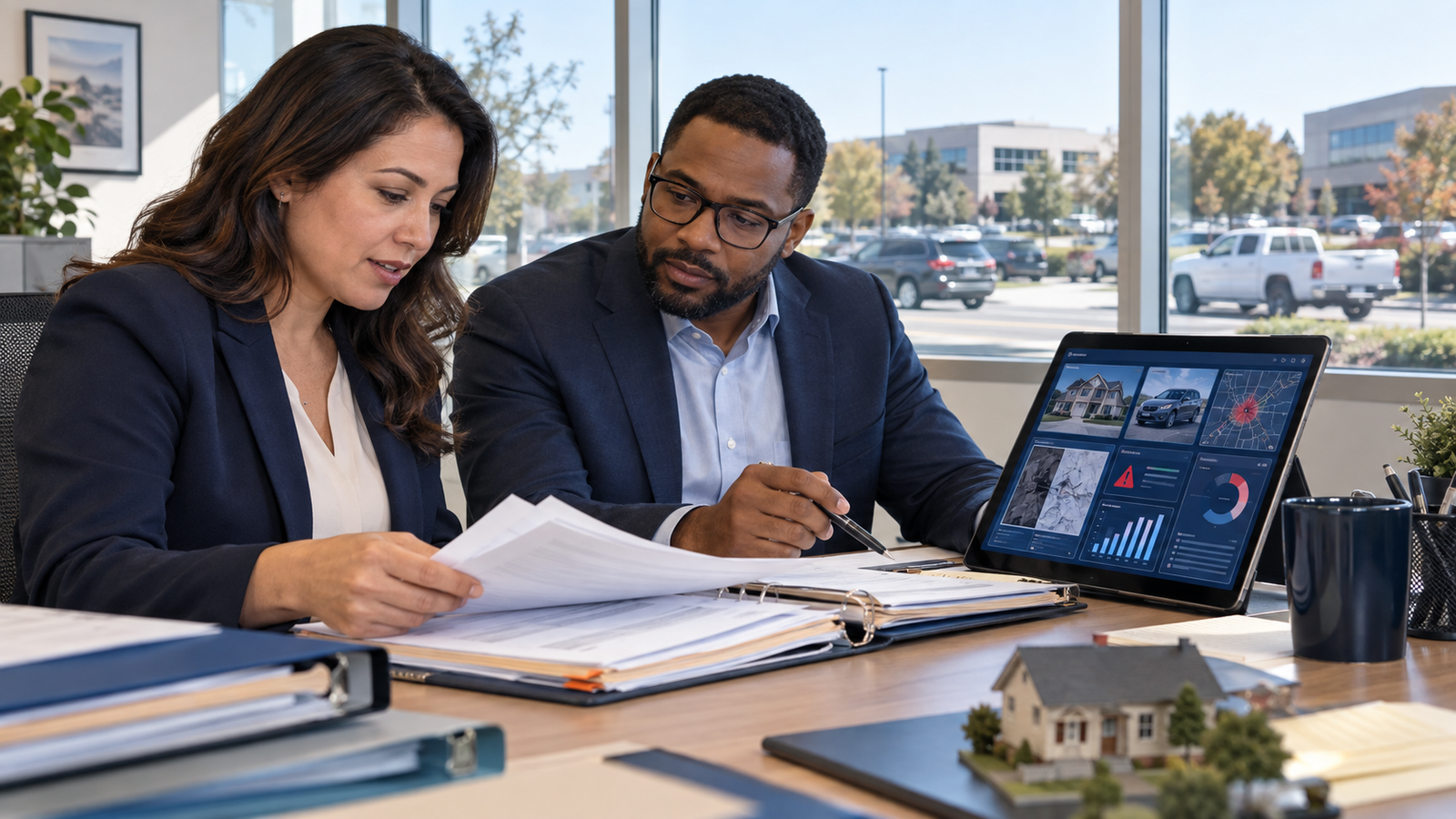 Insurance professionals reviewing controlled infrastructure, policy administration, underwriting, claims, fraud, cyber, and portfolio risk analytics