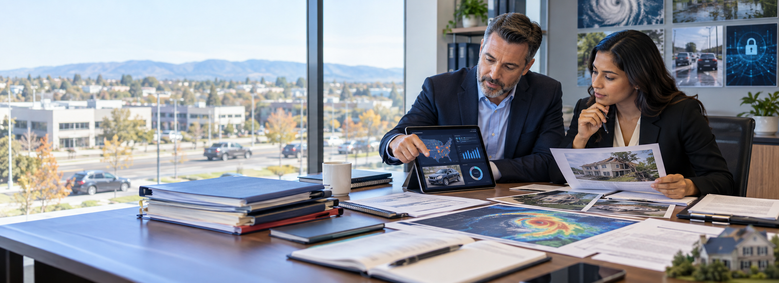 Insurance professionals reviewing AI trust layers, evidence, claims, property, auto, catastrophe, cyber, and risk analytics