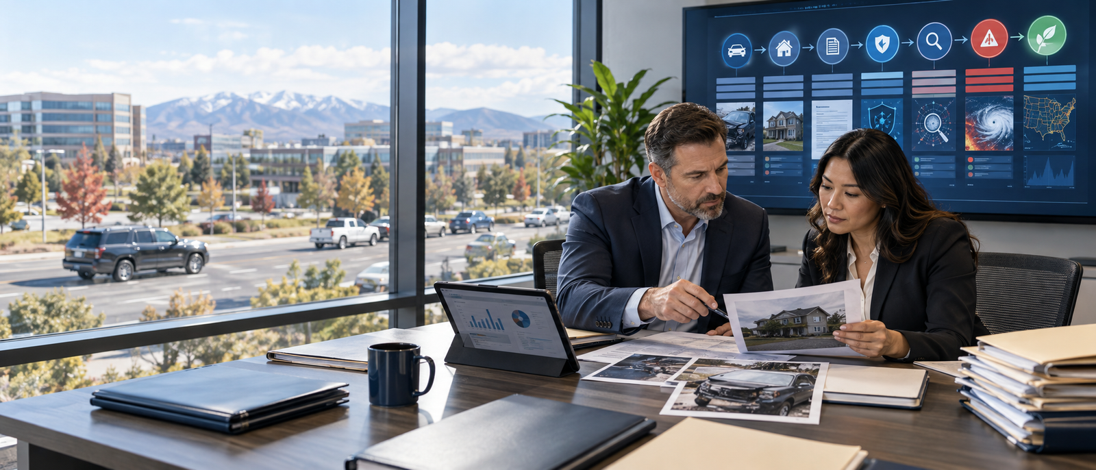 Insurance professionals reviewing AI agents, underwriting, claims, fraud, climate, cyber, and portfolio risk analytics