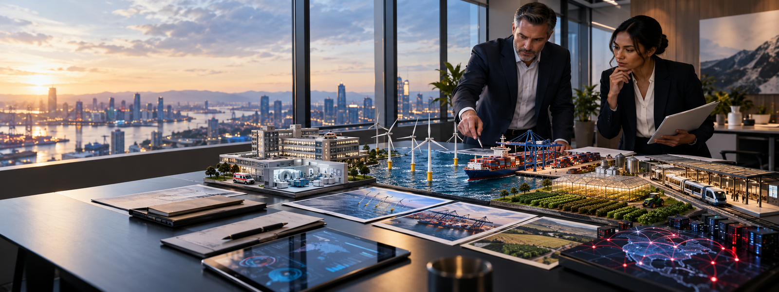 Insurance professionals reviewing healthcare, renewable energy, cargo shipping, agriculture, public transit, cyber, and portfolio risk