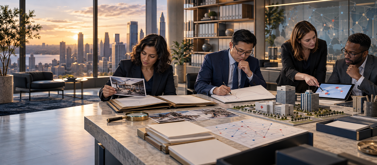 Insurance professionals reviewing claims evidence, actuarial reserves, cyber networks, policy records, and commercial risk