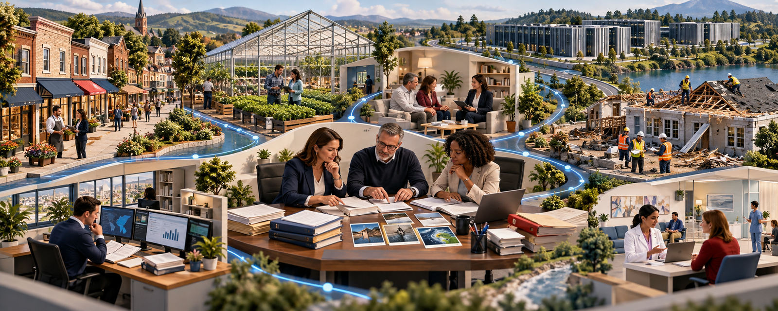 Illustrated insurance operations connecting small businesses, healthcare benefits, restoration, brokers, and emerging commercial risks