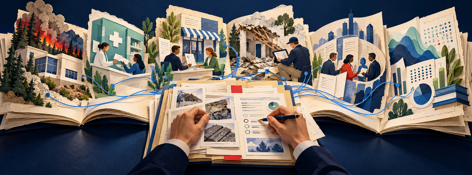 Editorial paper sculpture linking healthcare, wildfire risk, claims evidence, brokerage, and insurance decisions