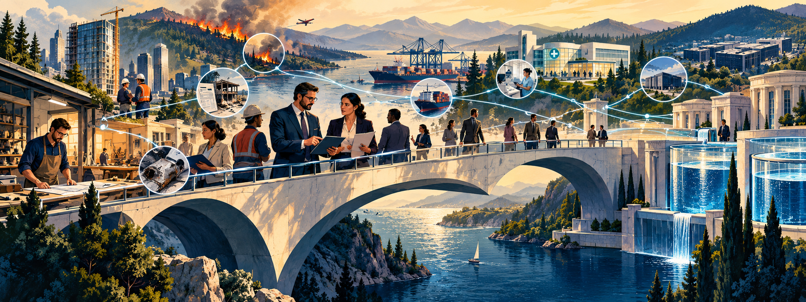 Illustrated insurance landscape linking commercial property, wildfire exposure, healthcare, logistics and underwriting decisions