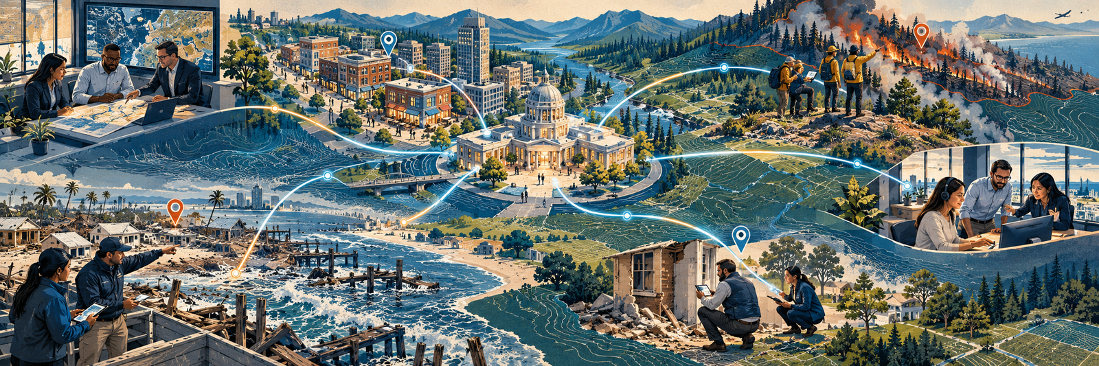 Wide editorial map illustration connecting wildfire terrain, property risk, catastrophe claims and insurance professionals
