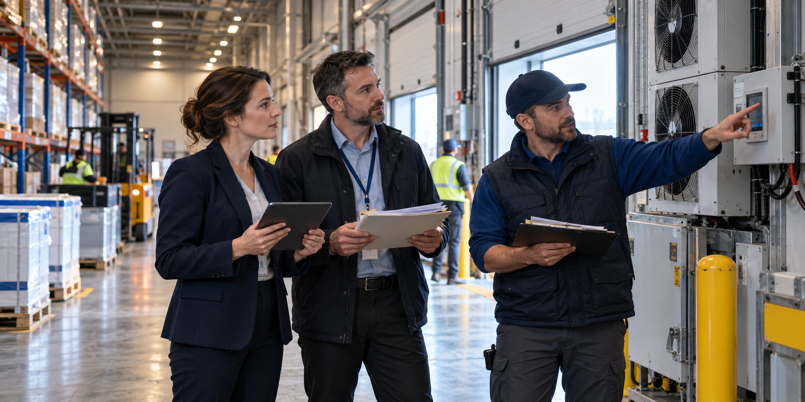 Insurance underwriter and risk engineer reviewing a commercial cold-chain facility inspection with its operations manager