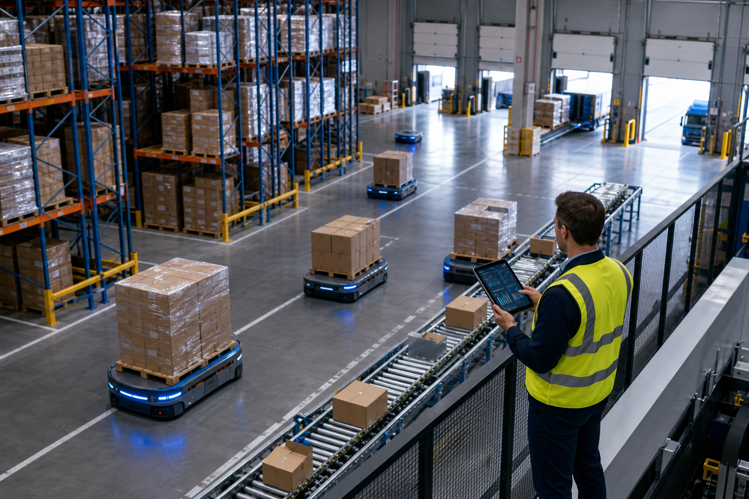 AI-enabled warehouse operations with autonomous mobile robots, conveyors, pallets, and a logistics supervisor reviewing operational data
