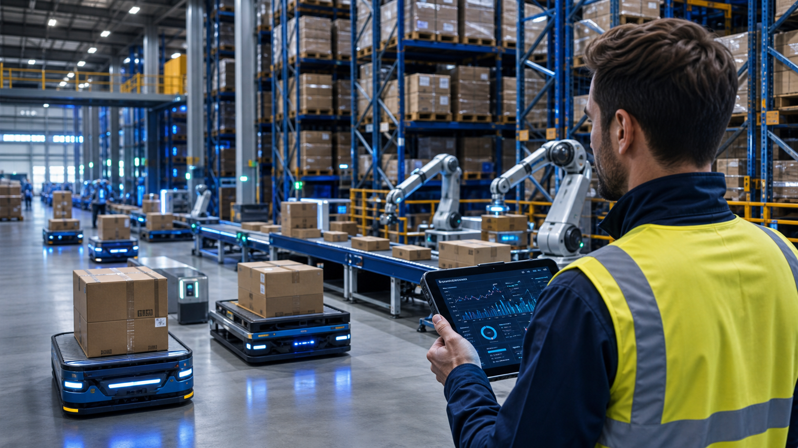 AI-enabled warehouse execution with autonomous mobile robots, conveyors, pallets, and a human supervisor