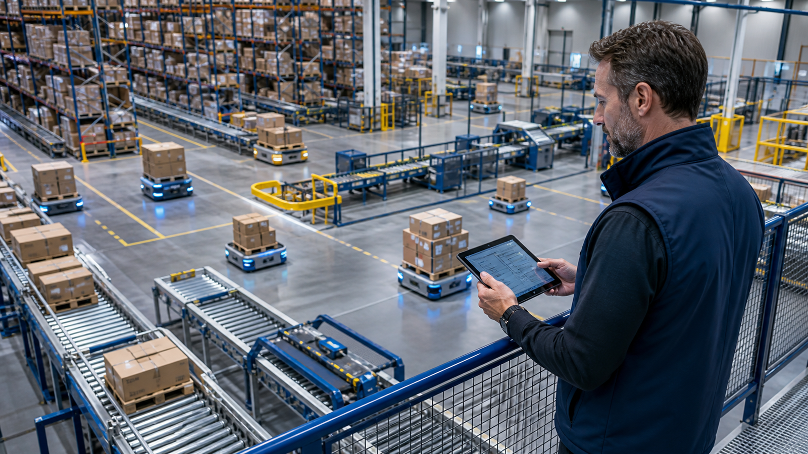 AI-enabled warehouse execution with autonomous mobile robots, conveyors, pallets, and a human supervisor