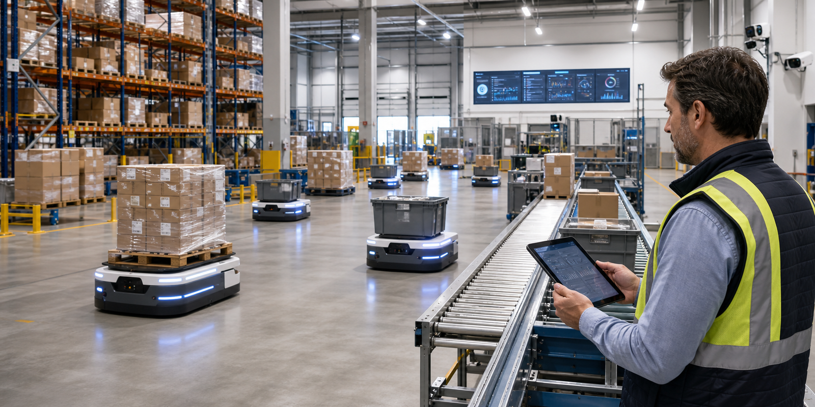 AI-enabled warehouse execution with autonomous mobile robots, conveyors, pallets, and a human supervisor