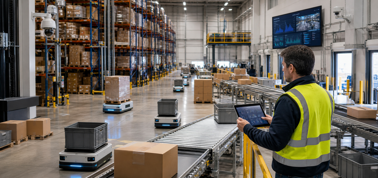 AI-enabled warehouse execution with autonomous mobile robots, conveyors, pallets, and a human supervisor
