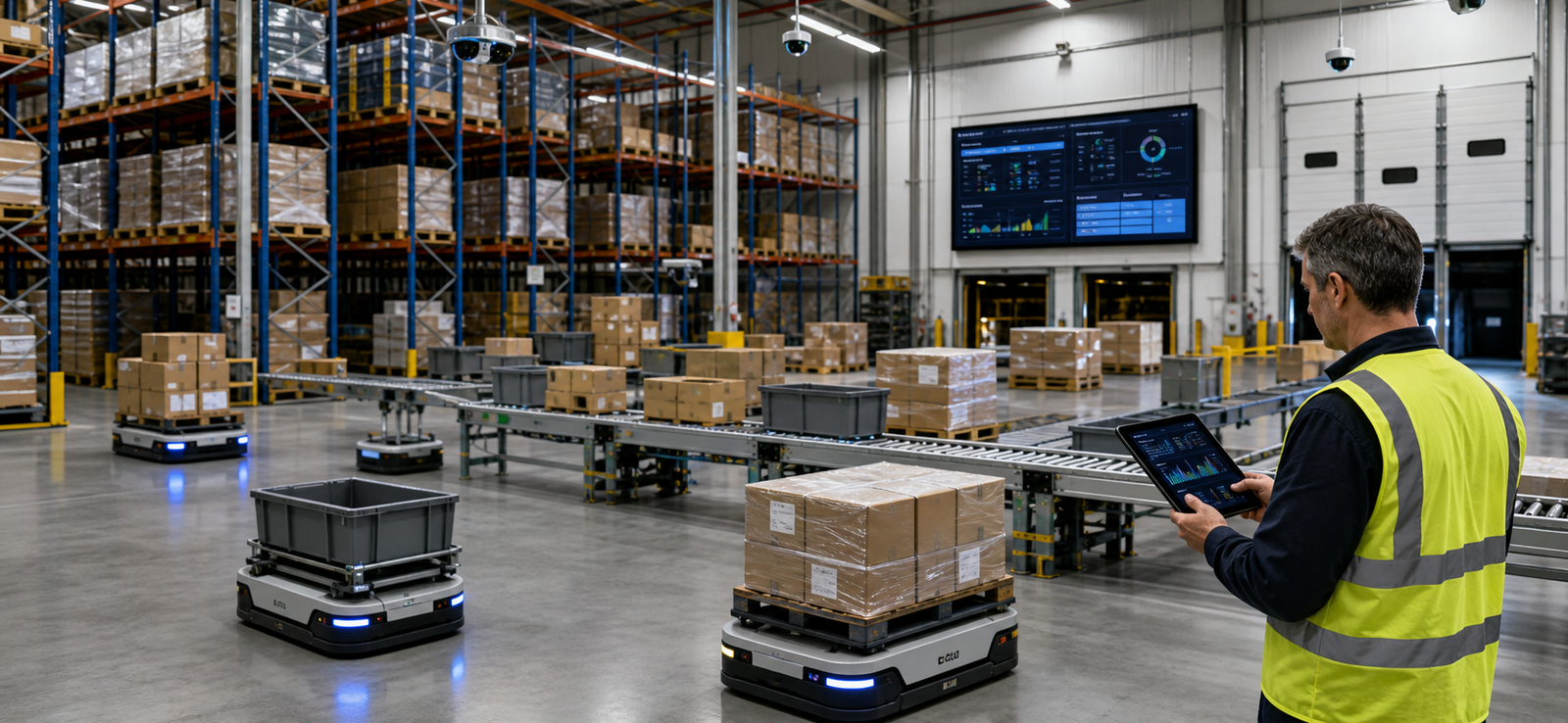 AI-enabled warehouse execution with autonomous mobile robots, conveyors, pallets, and a human supervisor