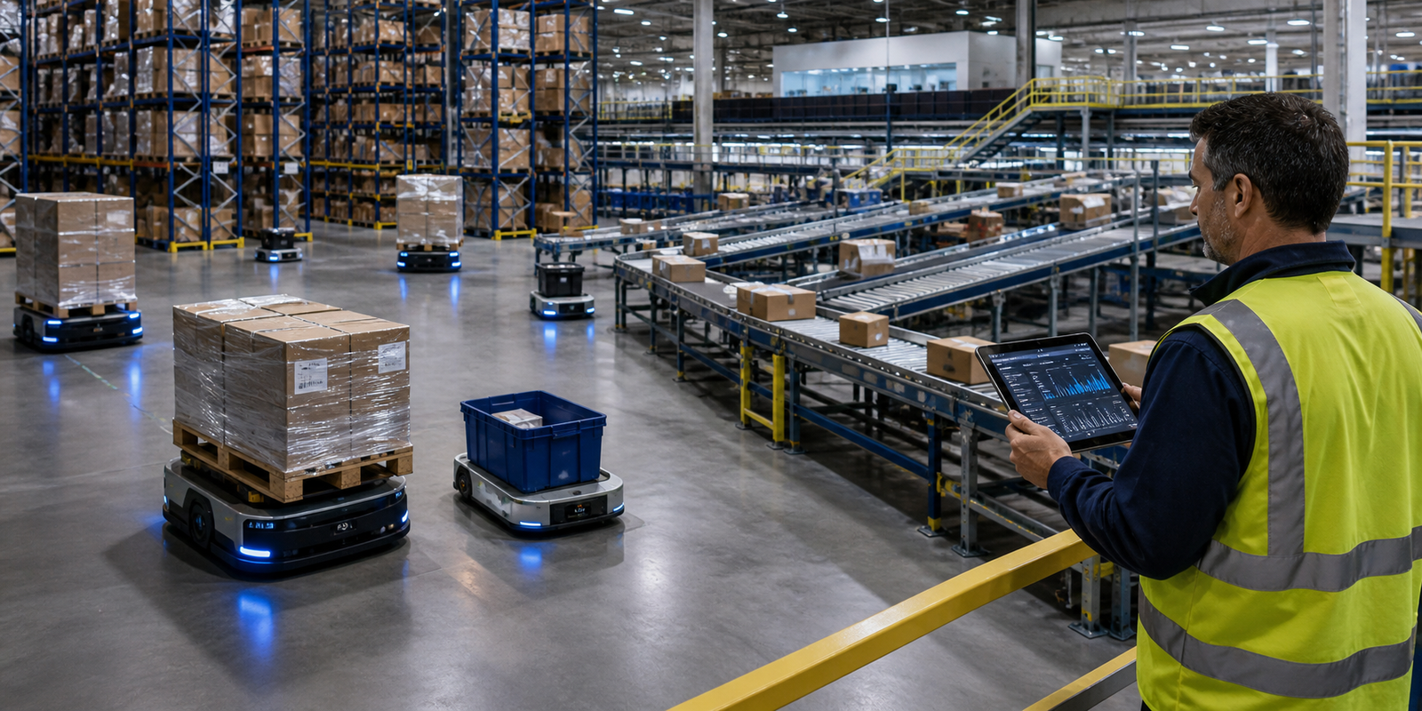 AI-enabled warehouse execution with autonomous mobile robots, conveyors, pallets, and a human supervisor