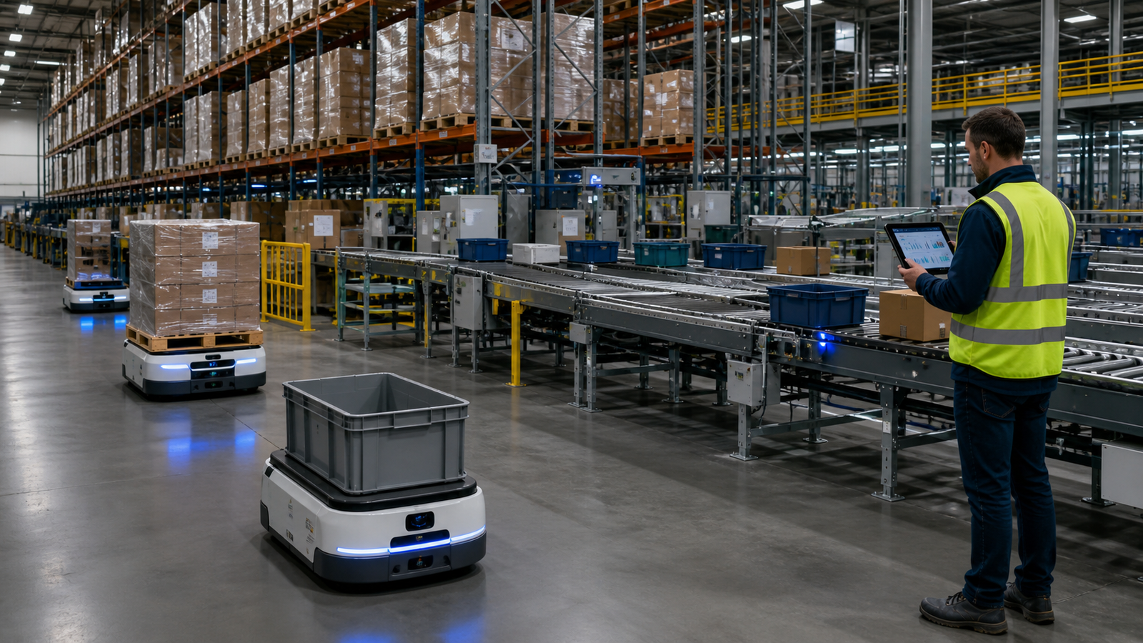AI-enabled warehouse execution with autonomous mobile robots, conveyors, pallets, and a human supervisor