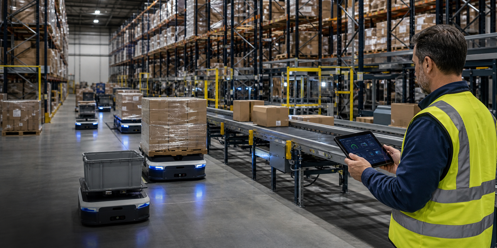 AI-enabled warehouse execution with autonomous mobile robots, conveyors, pallets, and a human supervisor