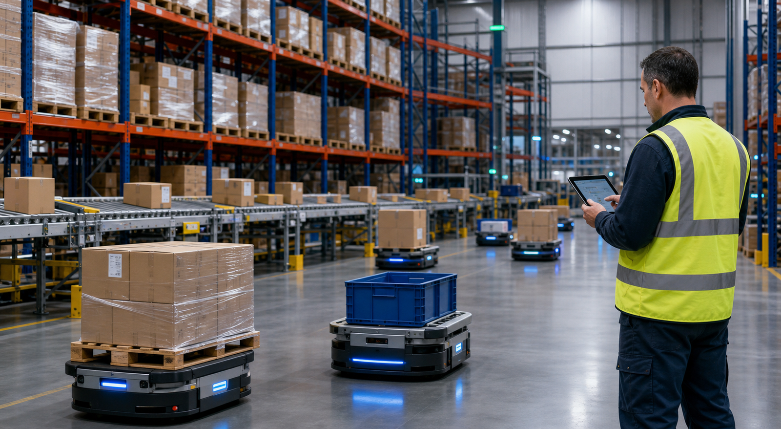 AI-enabled warehouse execution with autonomous mobile robots, conveyors, pallets, and a human supervisor