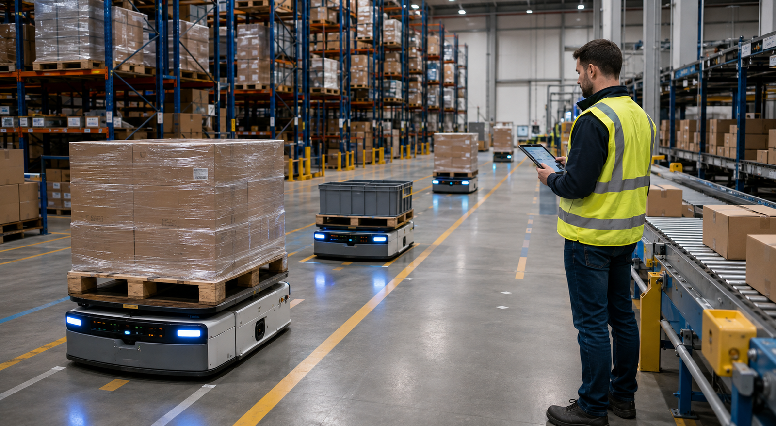 AI-enabled warehouse execution with autonomous mobile robots, conveyors, pallets, and a human supervisor