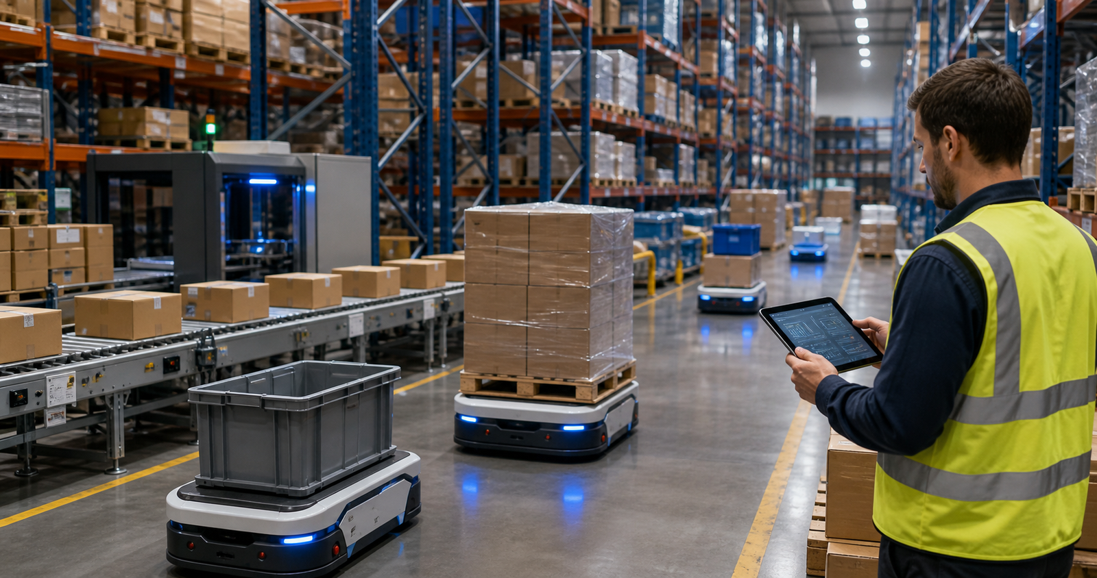 AI-enabled warehouse execution with autonomous mobile robots, conveyors, pallets, and a human supervisor