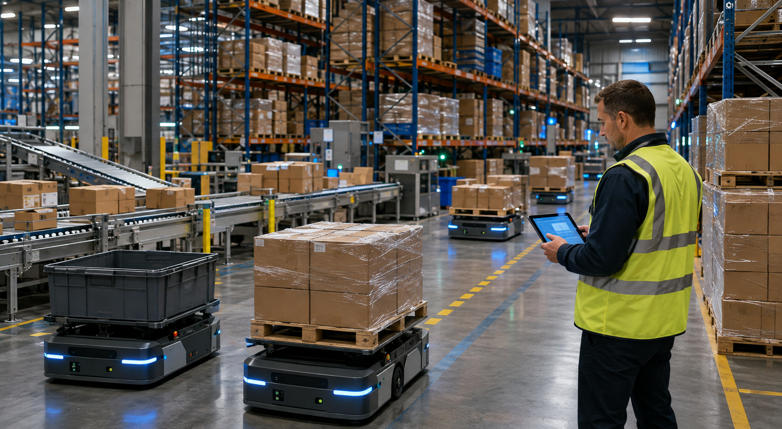 AI-enabled warehouse execution with autonomous mobile robots, conveyors, pallets, and a human supervisor