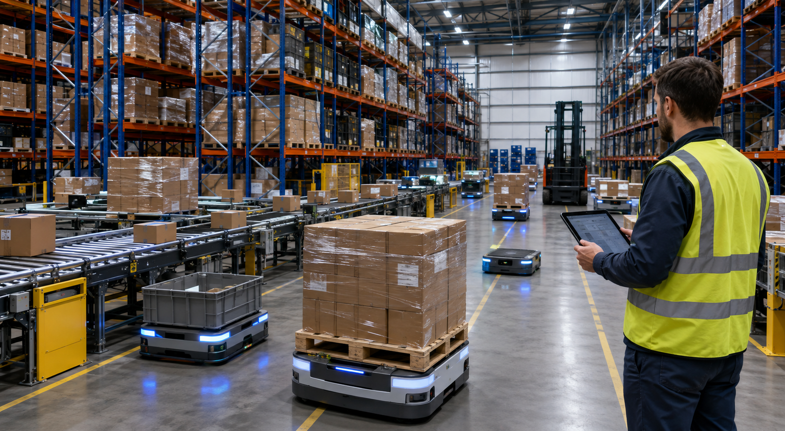 AI-enabled warehouse execution with autonomous mobile robots, conveyors, pallets, and a human supervisor