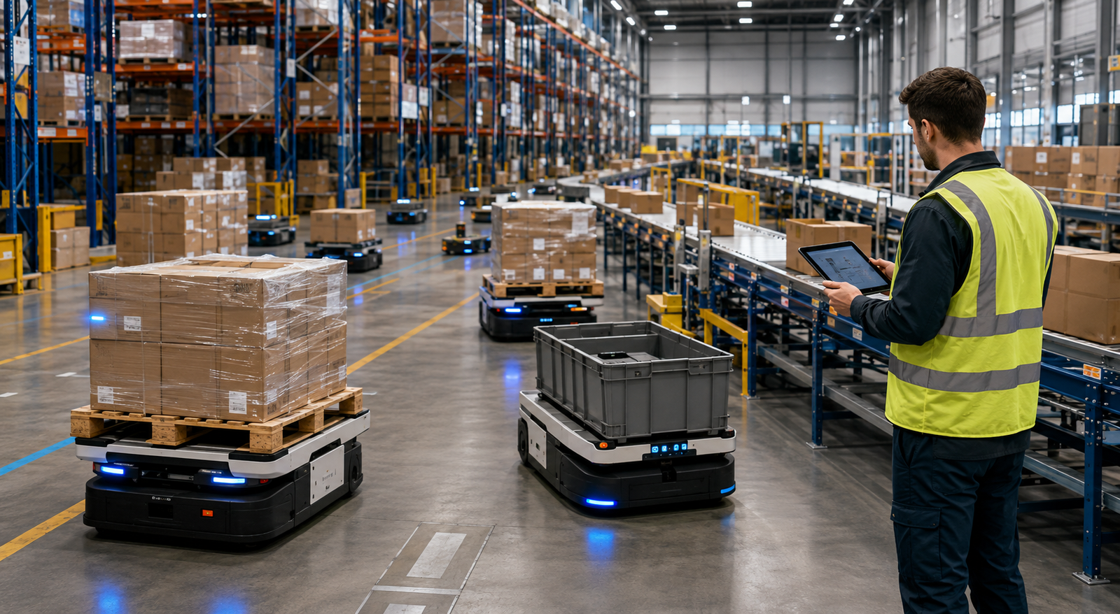 AI-enabled warehouse execution with autonomous mobile robots, conveyors, pallets, and a human supervisor