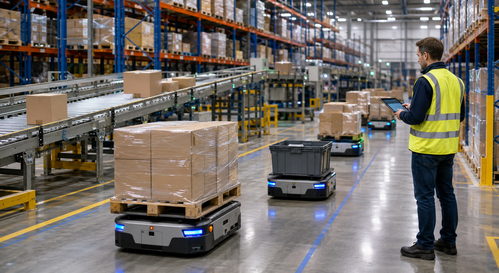 AI-enabled warehouse execution with autonomous mobile robots, conveyors, pallets, and a human supervisor