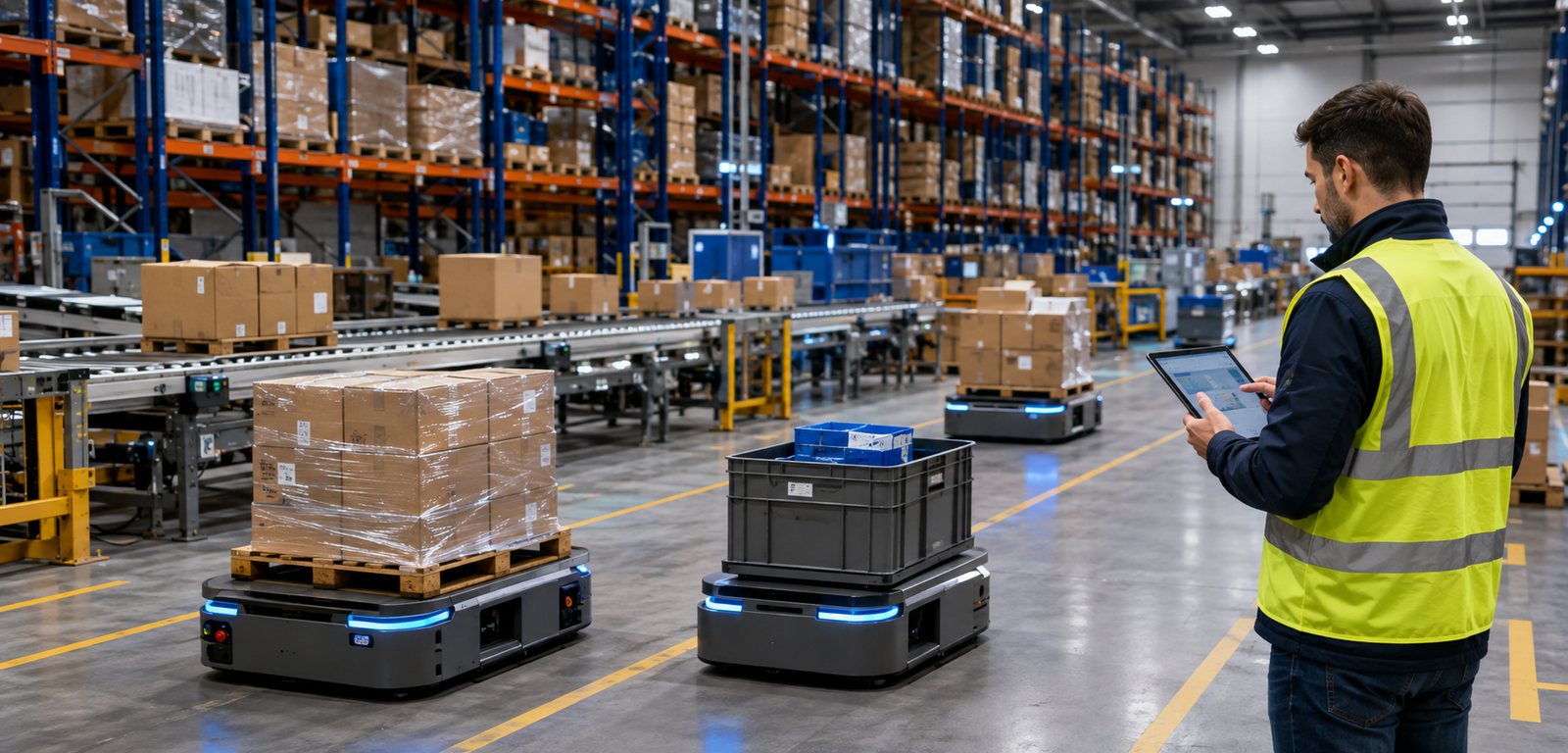 AI-enabled warehouse execution with autonomous mobile robots, conveyors, pallets, and a human supervisor