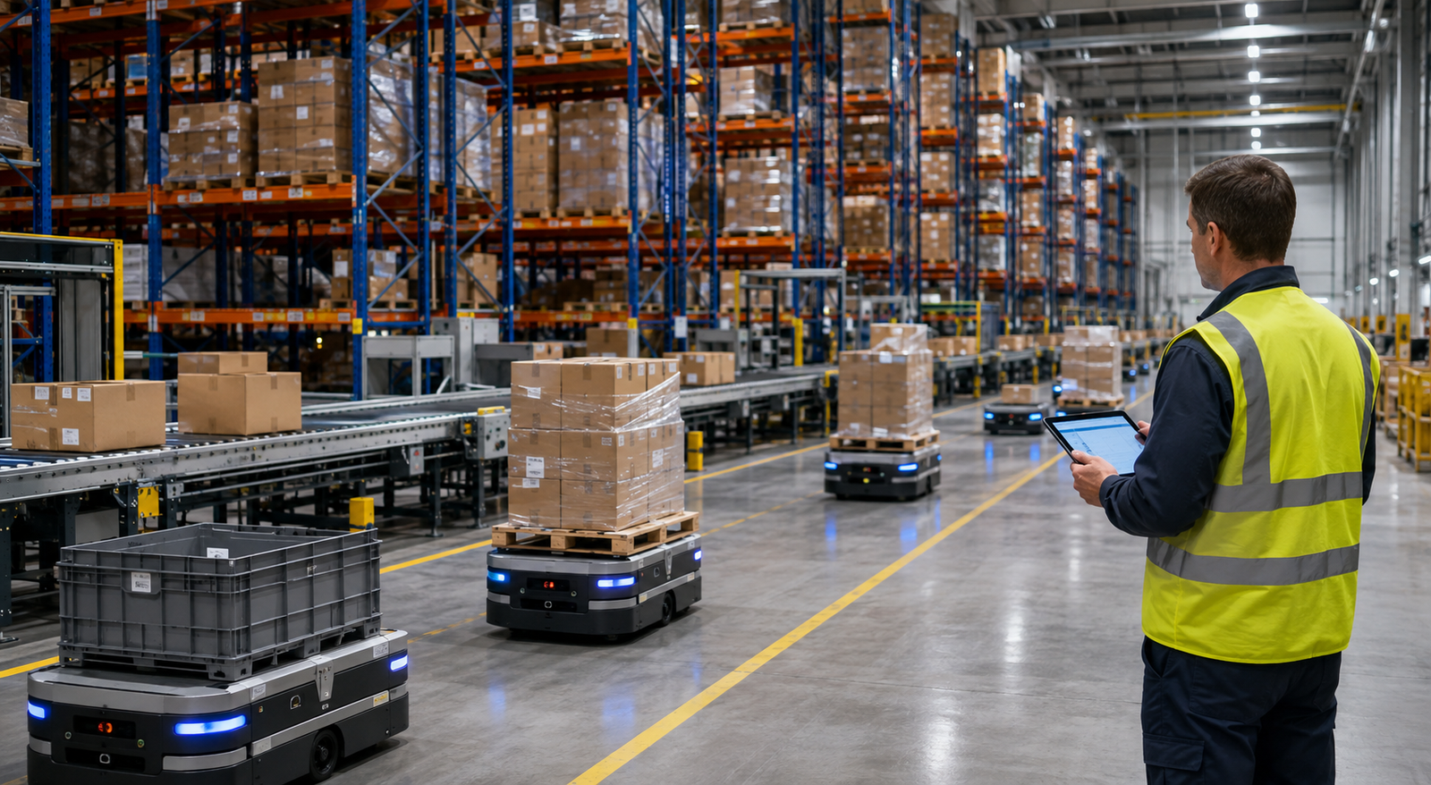 AI-enabled warehouse execution with autonomous mobile robots, conveyors, pallets, and a human supervisor