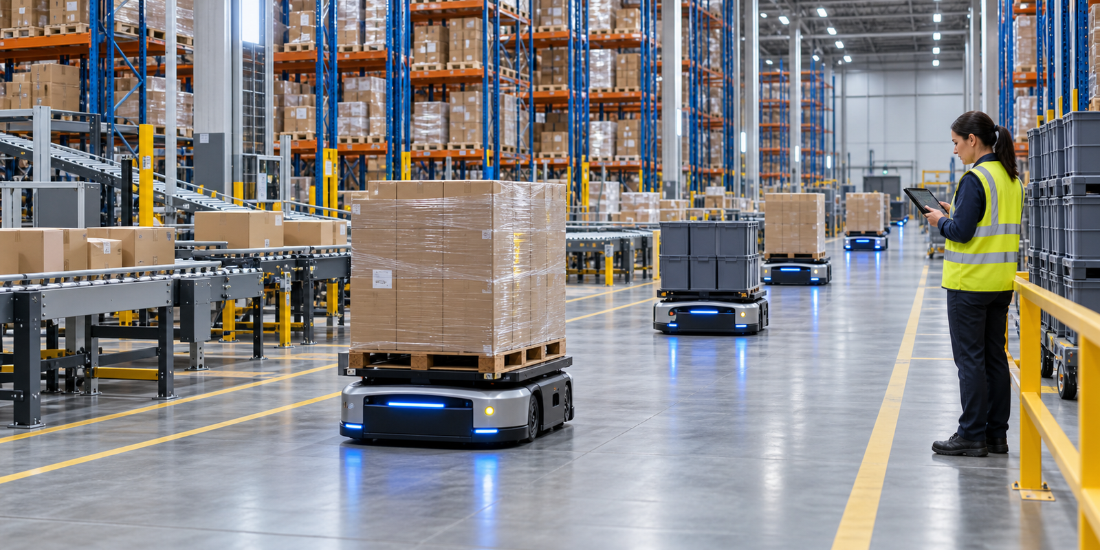 AI-enabled warehouse execution with autonomous mobile robots, conveyors, pallets, and a human supervisor