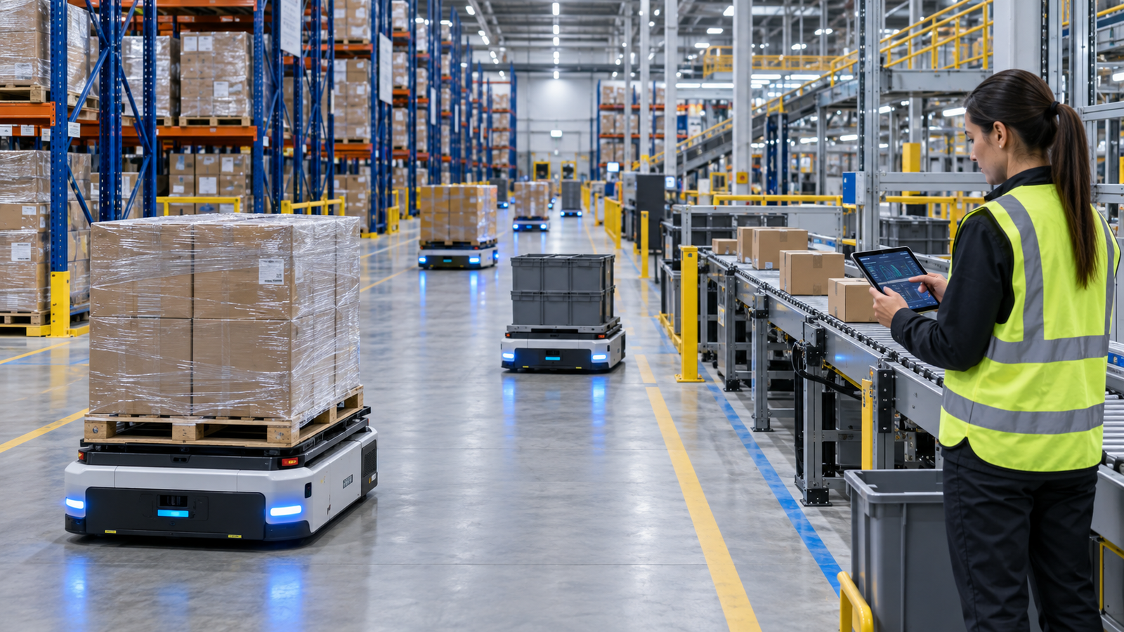 AI-enabled warehouse execution with autonomous mobile robots, conveyors, pallets, and a human supervisor