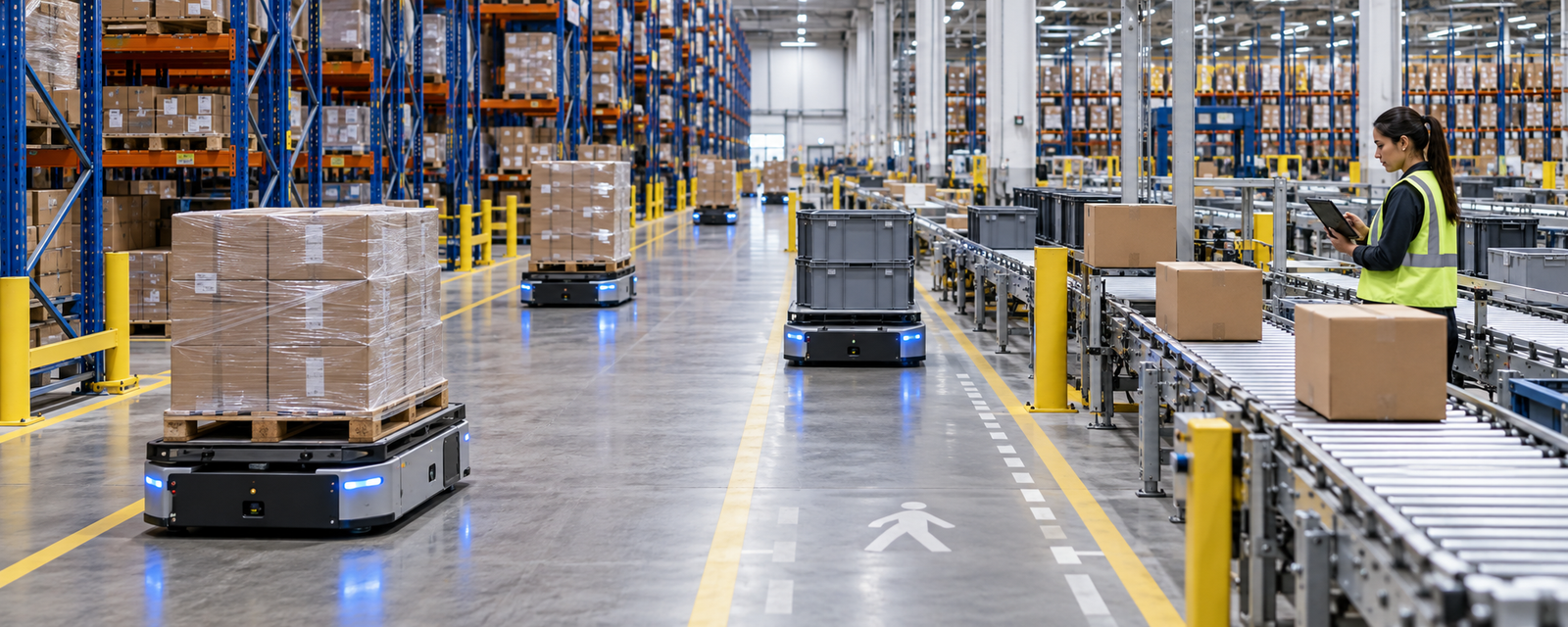 AI-enabled warehouse execution with autonomous mobile robots, conveyors, pallets, and a human supervisor