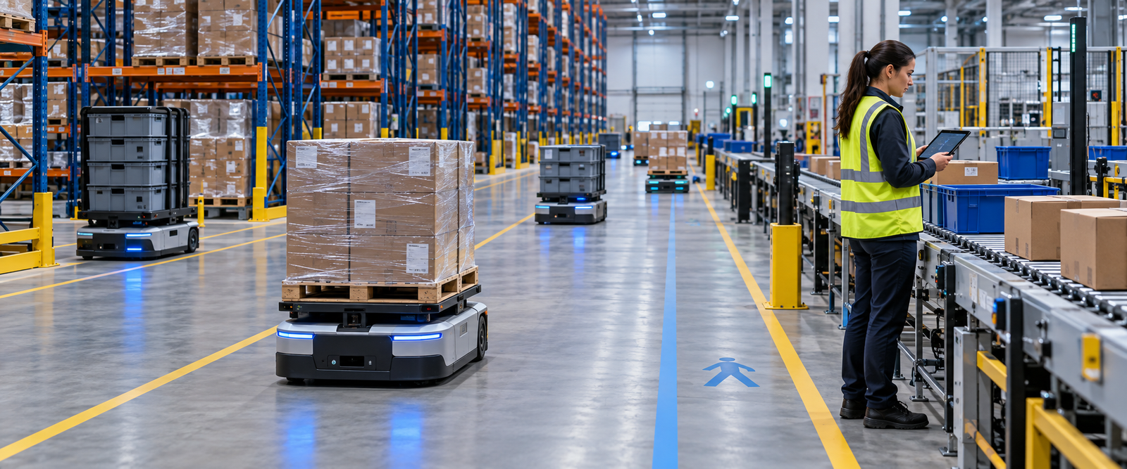 AI-enabled warehouse execution with autonomous mobile robots, conveyors, pallets, and a human supervisor
